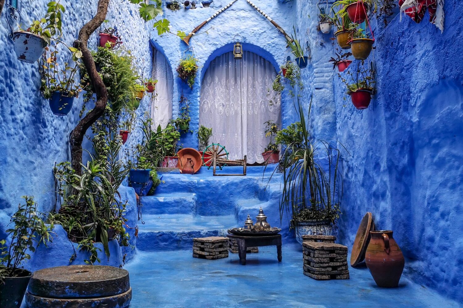 a blue alley with potted plants and a bench